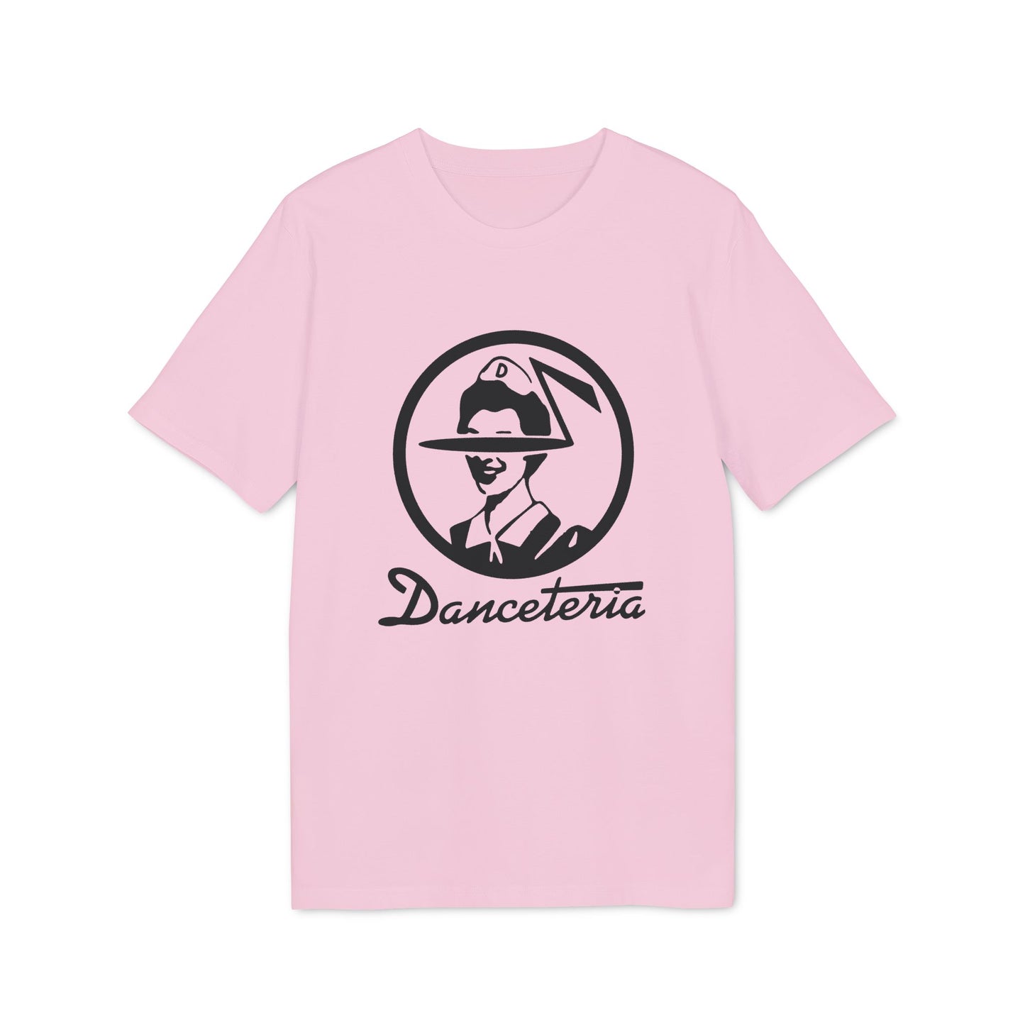 Pink t-shirt with black Danceteria logo featuring a circular design.