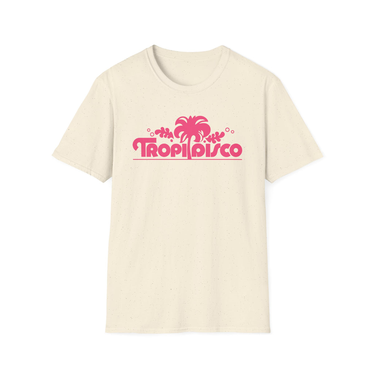 Cream t-shirt with pink "Tropi Disco" text and palm tree graphic.