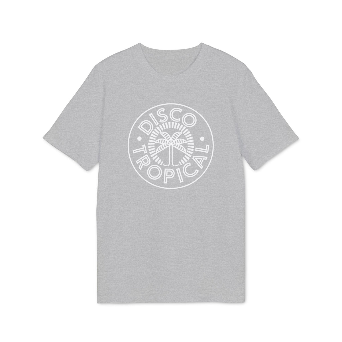 Grey t-shirt with white circular logo featuring palm tree and text "DISCO TROPICAL".