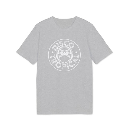 Grey t-shirt with white circular logo featuring palm tree and text "DISCO TROPICAL".