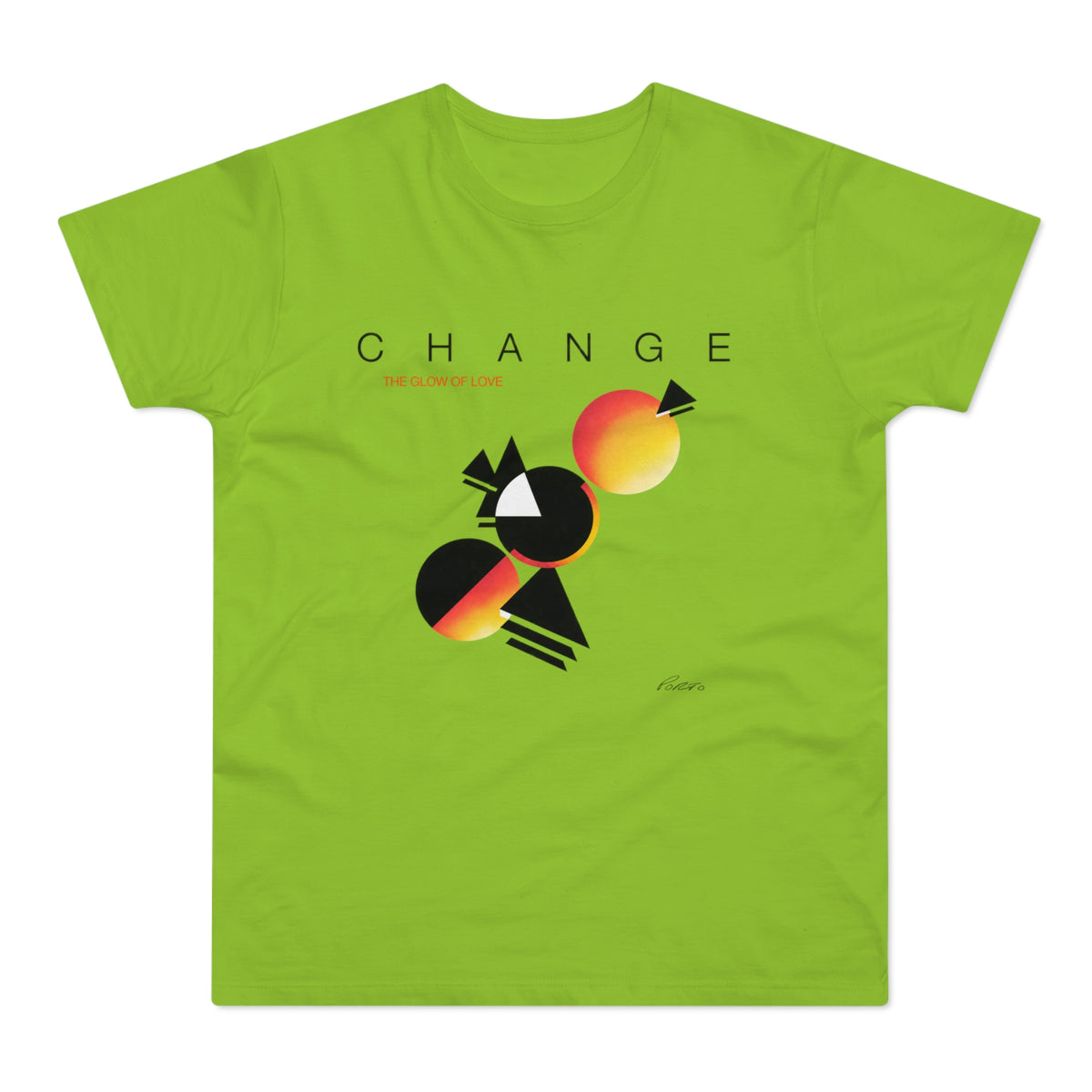 Lime green t-shirt with abstract geometric design and text "CHANGE THE GLOW OF LOVE".