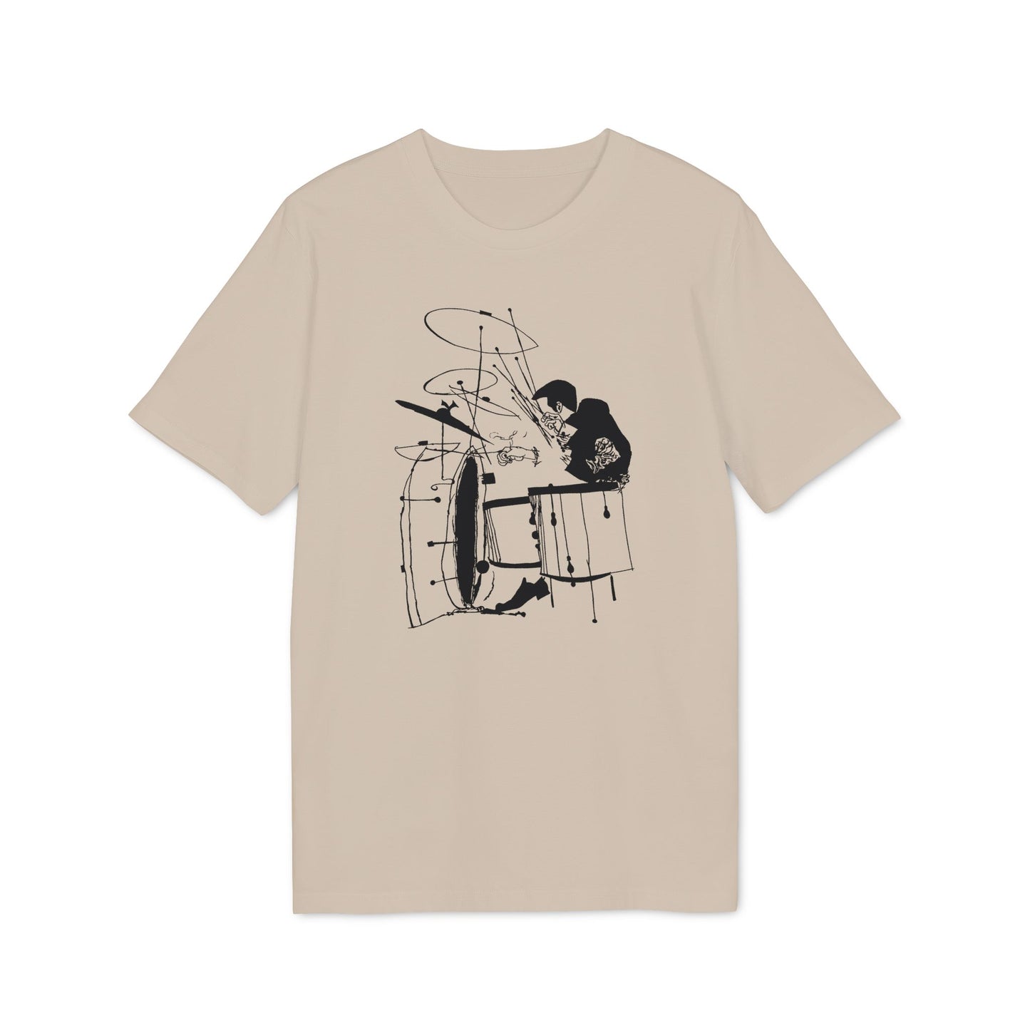 Flat t-shirt with a black line drawing of a drummer playing drums.