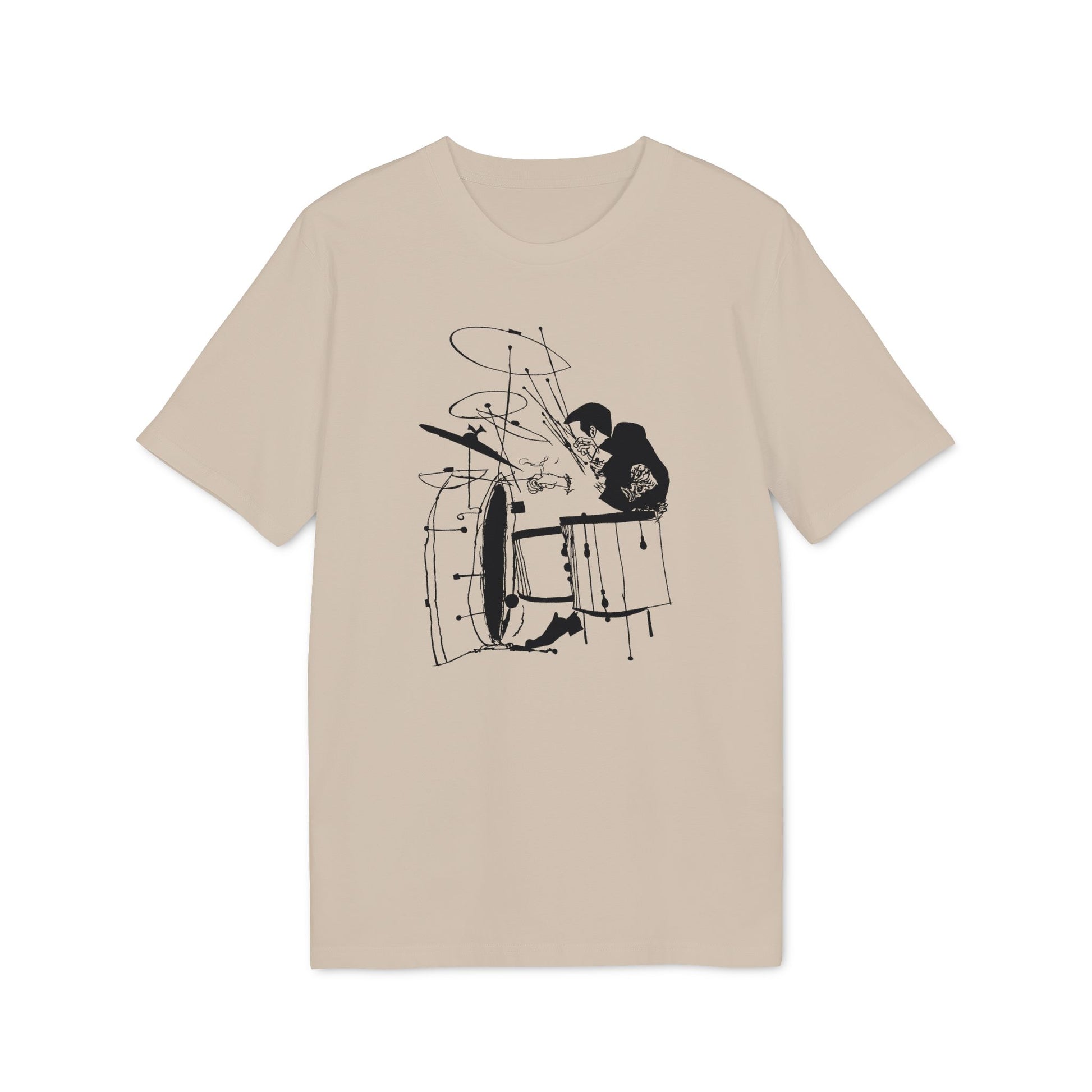 Flat t-shirt with a black line drawing of a drummer playing drums.