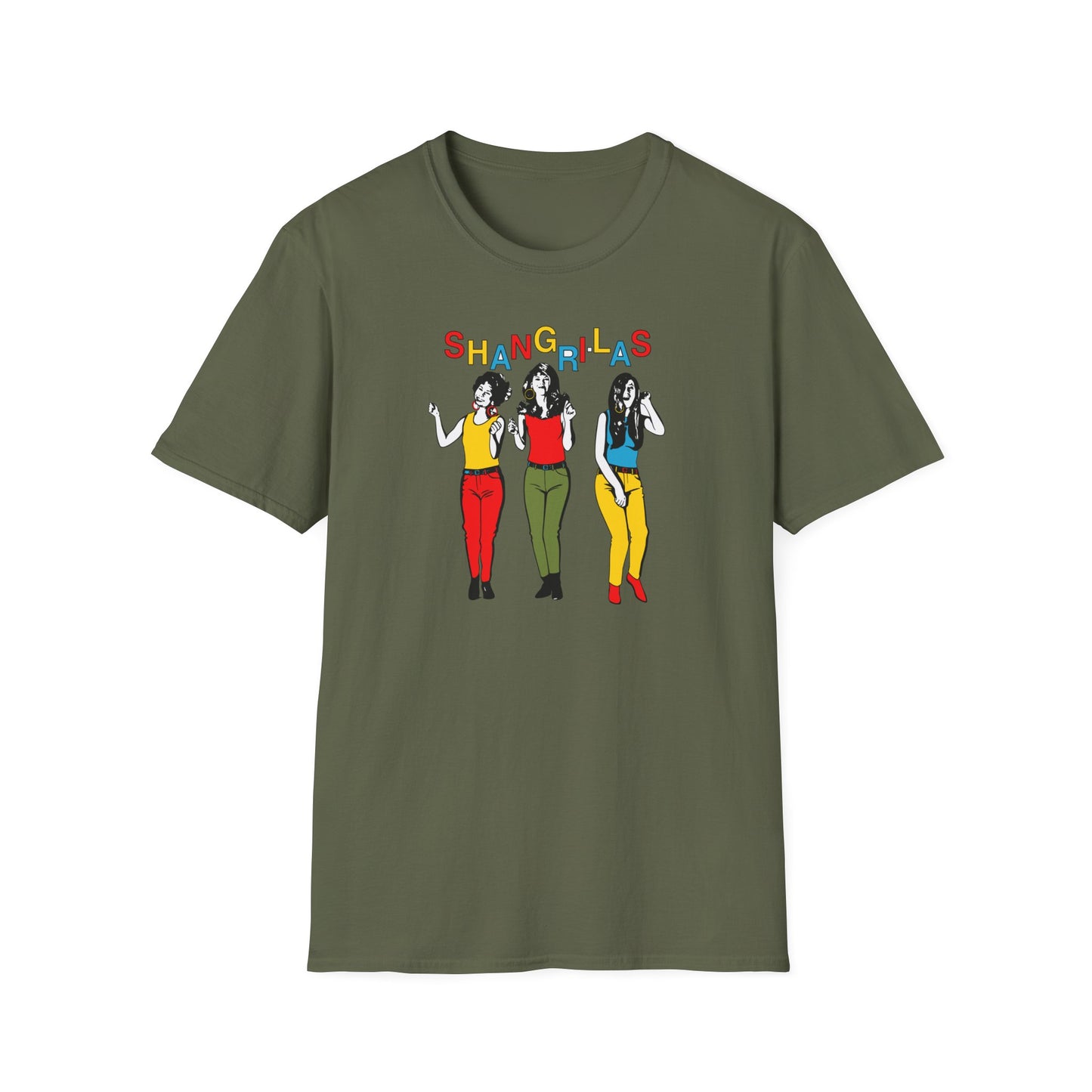 Green t-shirt with colorful "Shangri-Las" text and three illustrated women.