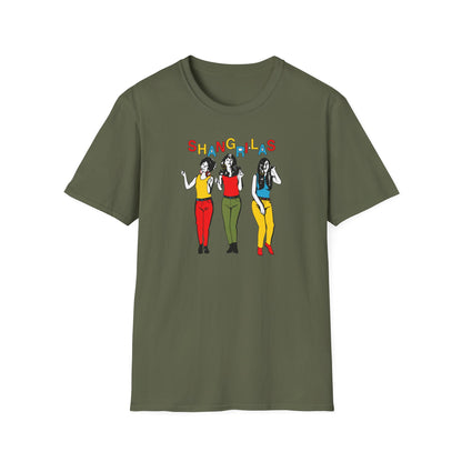 Green t-shirt with colorful "Shangri-Las" text and three illustrated women.