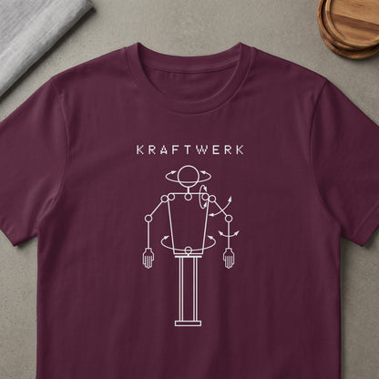 Kraftwerk t-shirt with white abstract robot graphic and text.