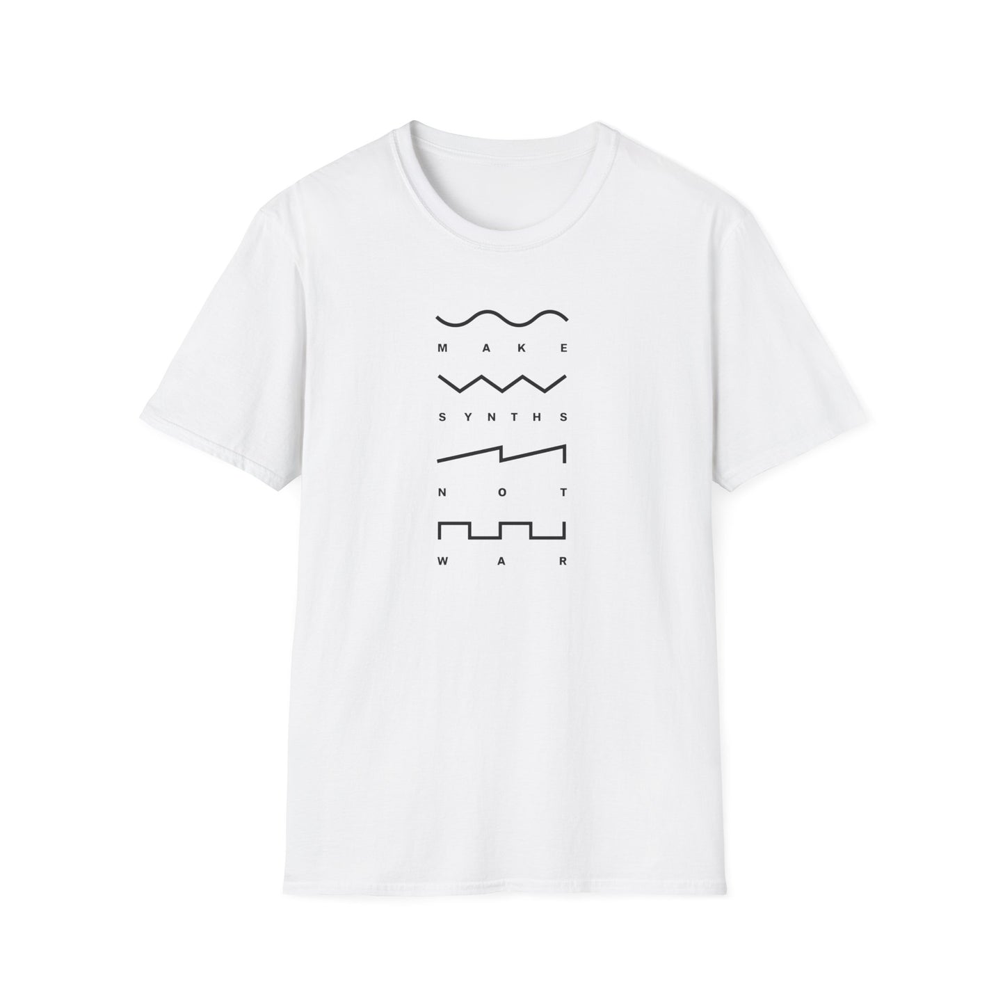 White t-shirt with black "MAKE SYNTHS NOT WAR" text and waveform graphics.