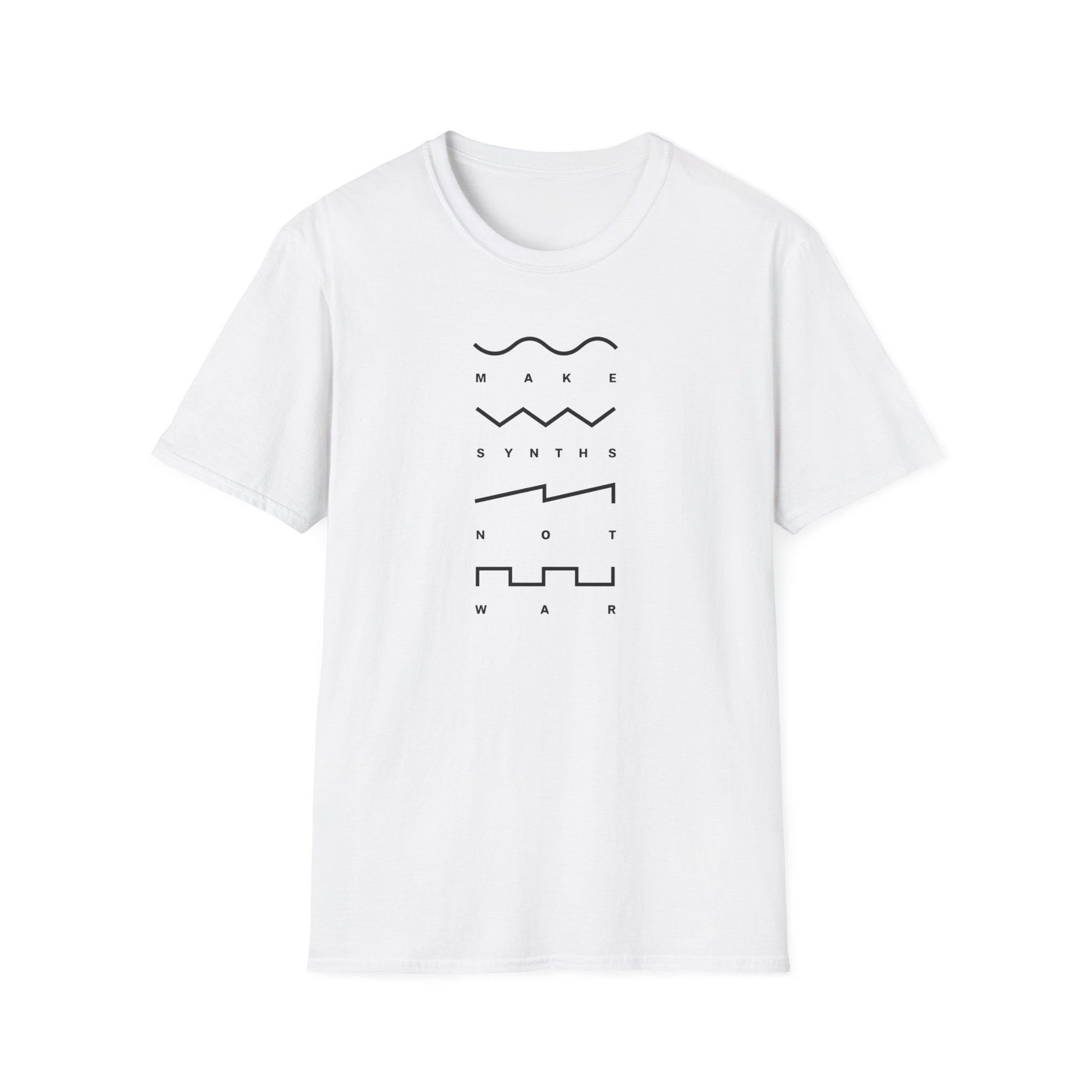 White t-shirt with black "MAKE SYNTHS NOT WAR" text and waveform graphics.