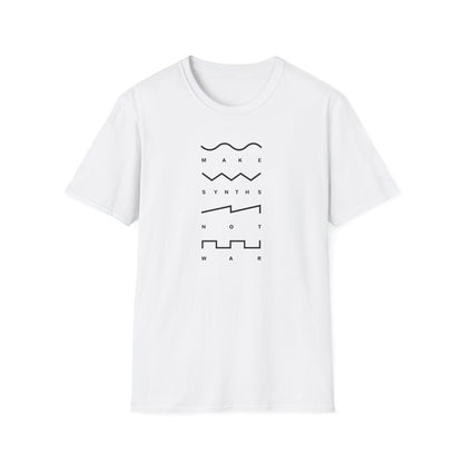 White t-shirt with black "MAKE SYNTHS NOT WAR" text and waveform graphics.