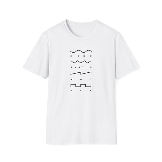 White t-shirt with black "MAKE SYNTHS NOT WAR" text and waveform graphics.