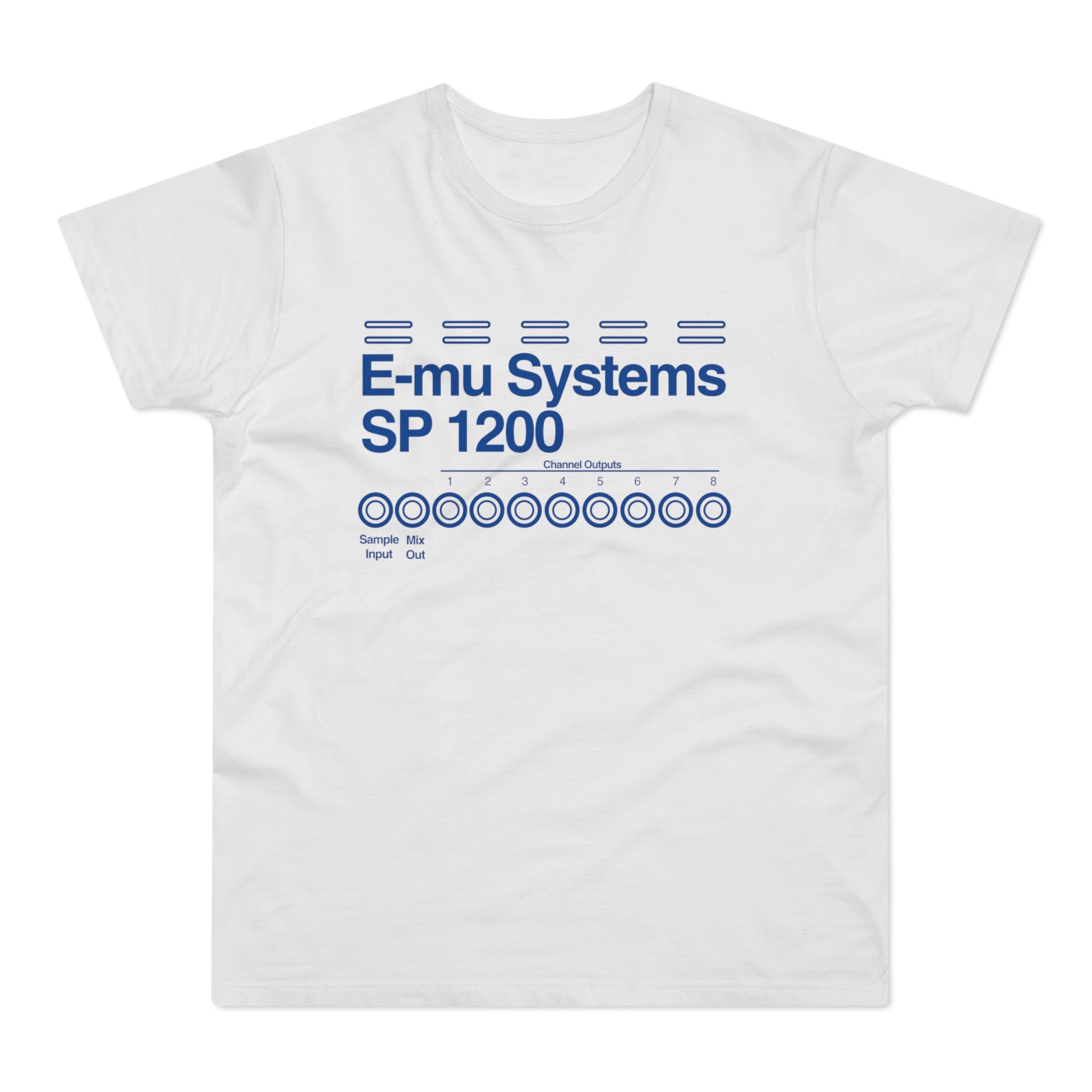 White t-shirt with blue E-mu Systems SP 1200 graphic and channel outputs.