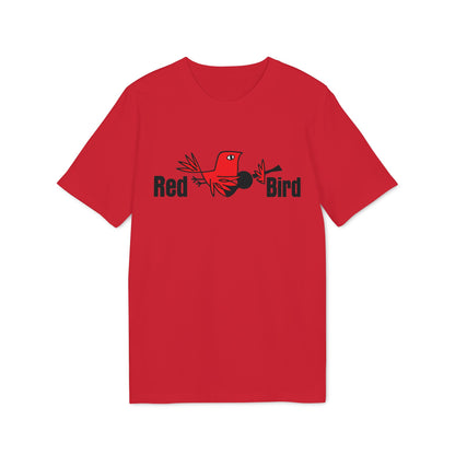 Red t-shirt with a black and red cartoon bird and text "Red Bird".