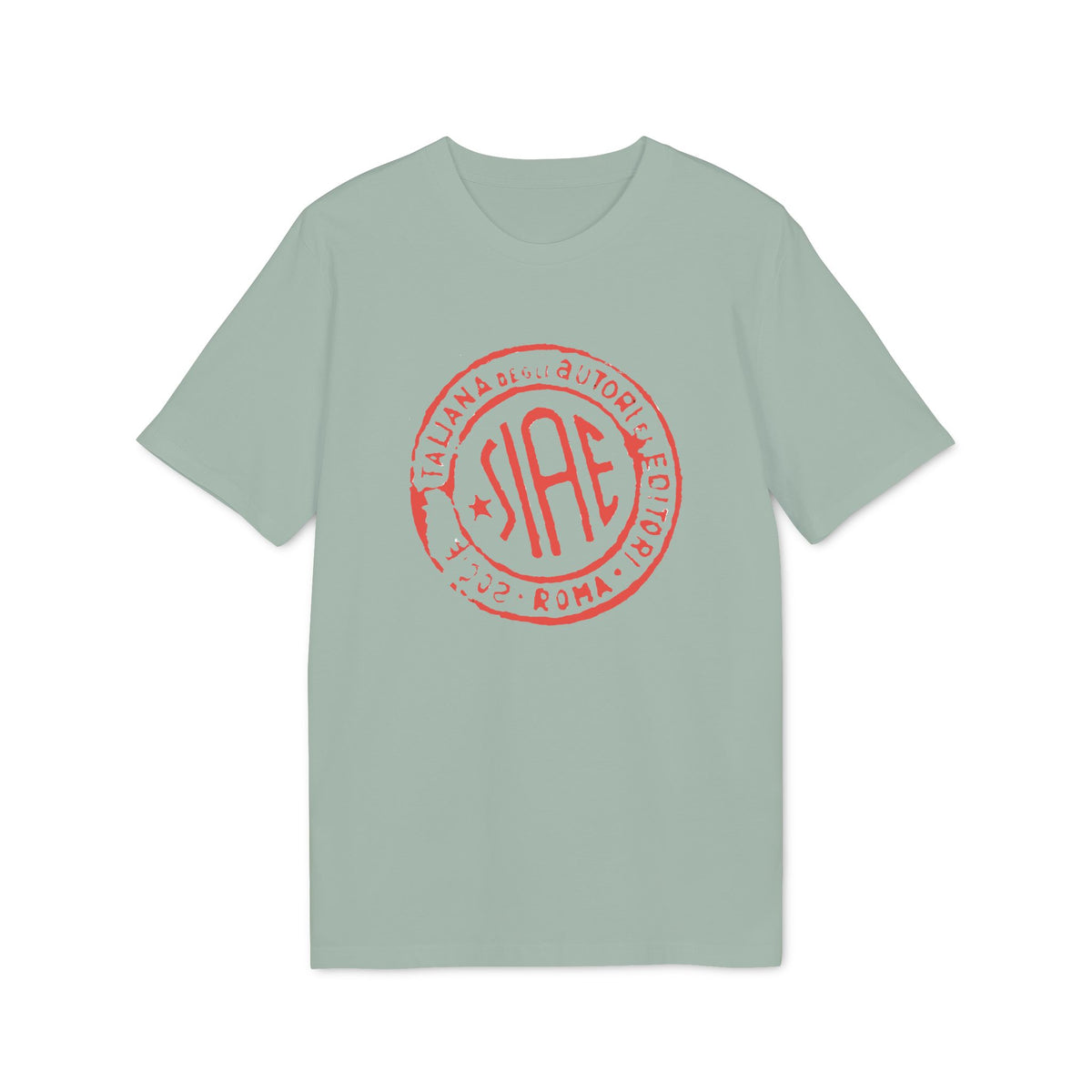 Light grey t-shirt with red SIAE Italian authors' stamp graphic.