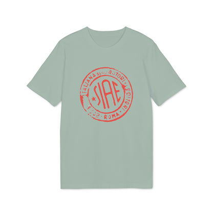 Light grey t-shirt with red SIAE Italian authors' stamp graphic.