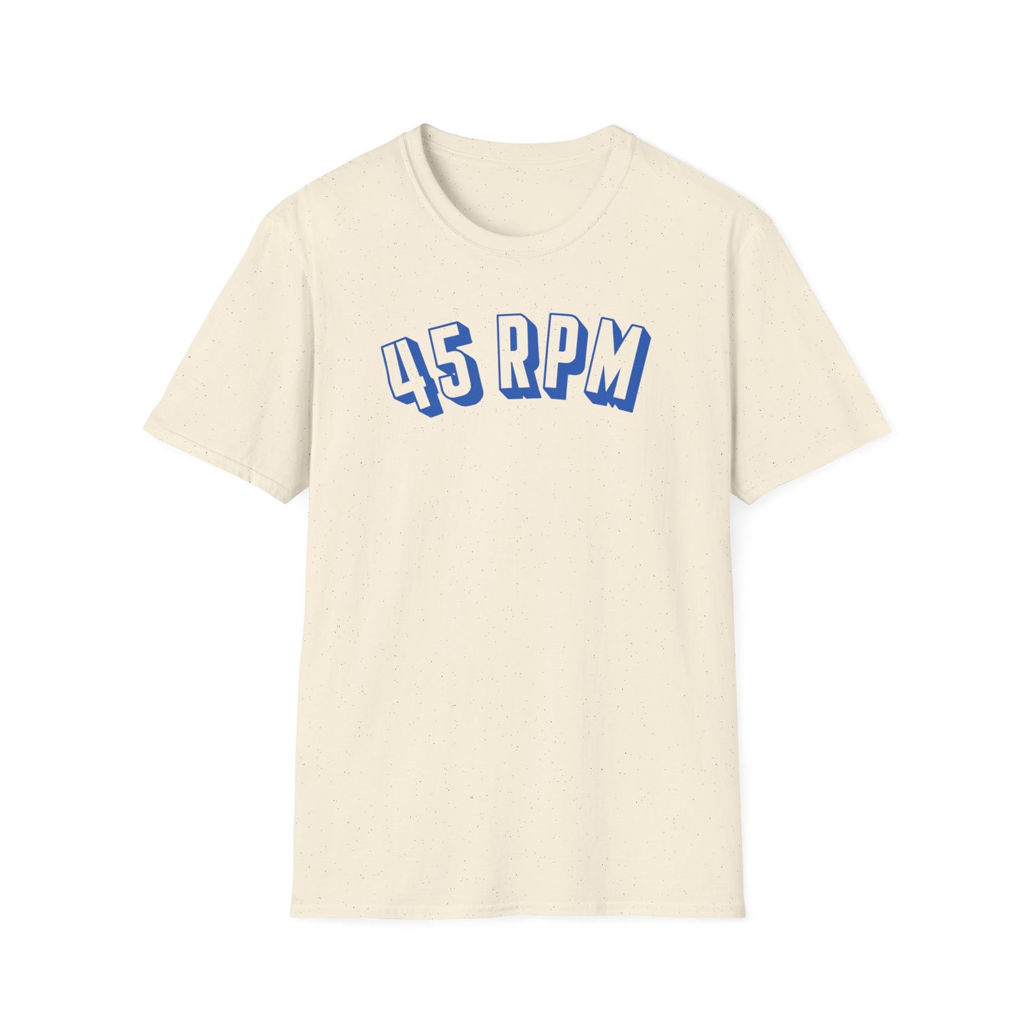 Cream t-shirt with blue 3D "45 RPM" text on the chest.
