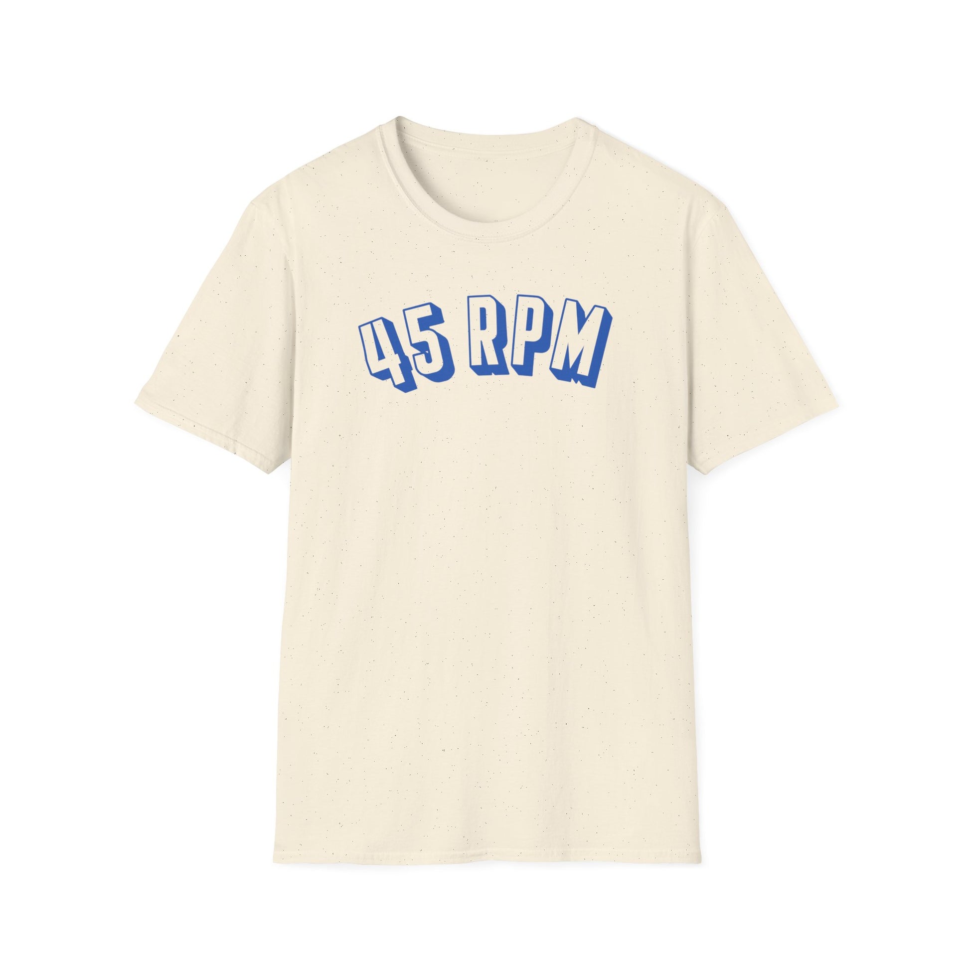 Cream t-shirt with blue 3D "45 RPM" text on the chest.