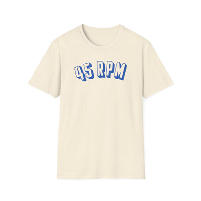 Cream t-shirt with blue 3D "45 RPM" text on the chest.