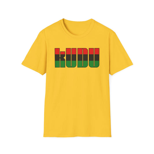 Yellow t-shirt with the word "KUDU" in black outlined letters with red and green stripes.