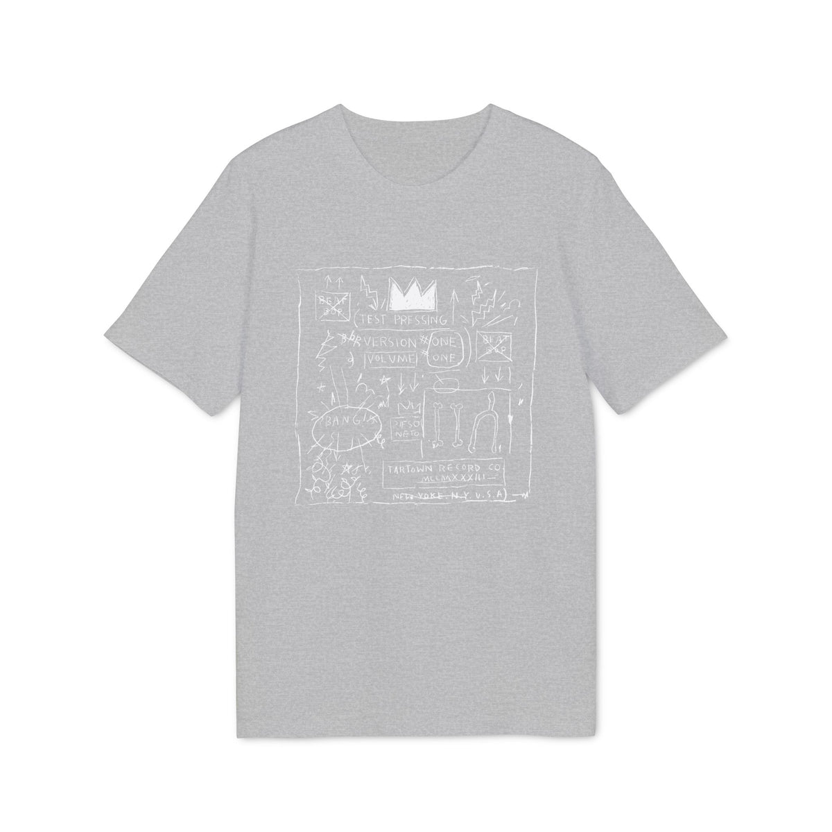 Grey t-shirt with Basquiat-style white line drawing featuring crown, text, and abstract elements.