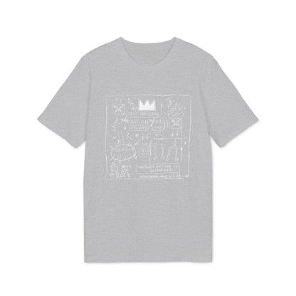 Grey t-shirt with Basquiat-style white line drawing featuring crown, text, and abstract elements.