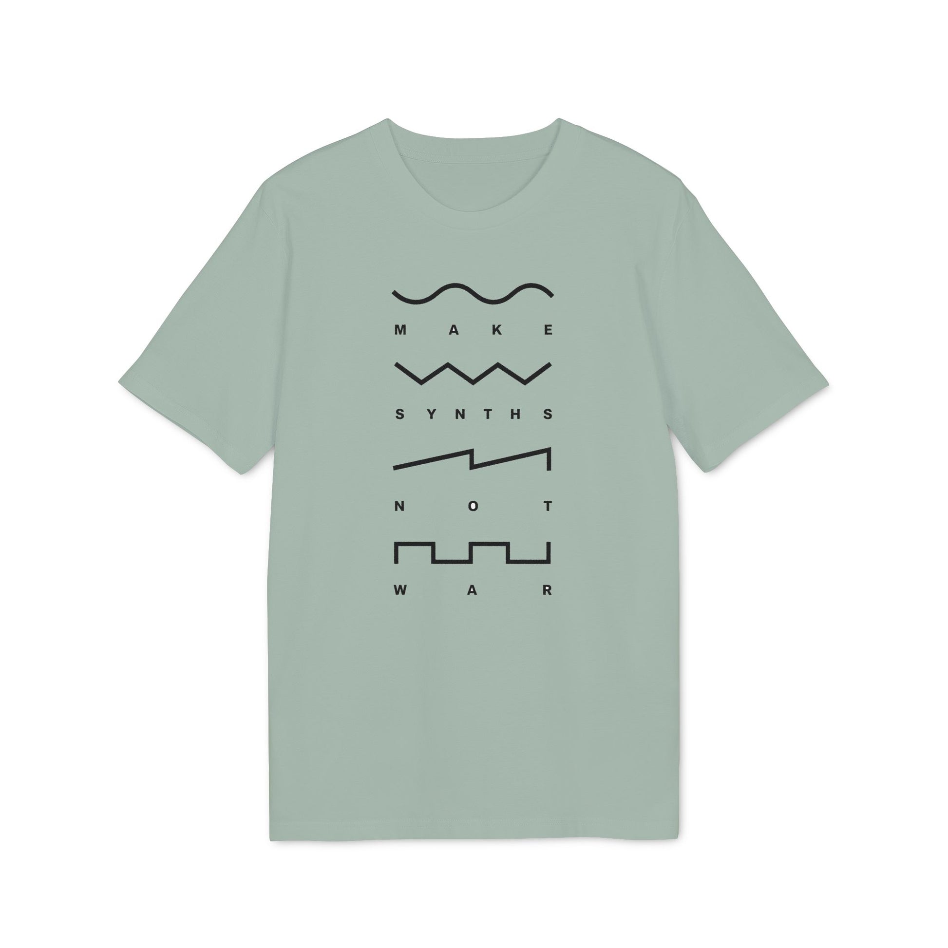 Light green t-shirt with black text and waveforms reading "MAKE SYNTHS NOT WAR".
