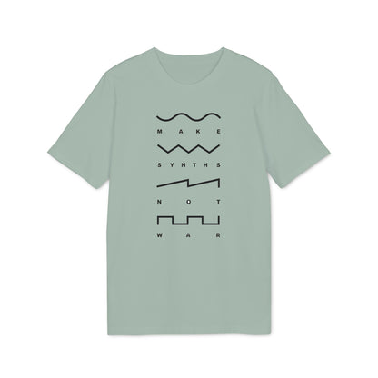 Light green t-shirt with black text and waveforms reading "MAKE SYNTHS NOT WAR".