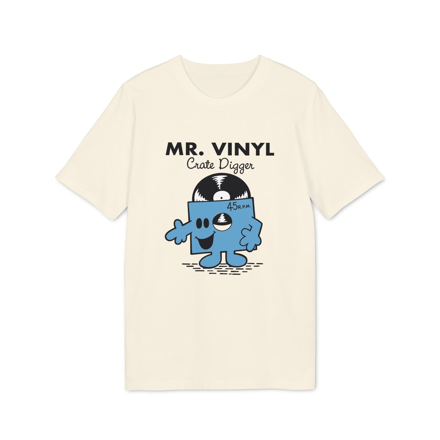 Cream t-shirt with "MR. VINYL Crate Digger" and a blue record character.