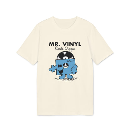 Cream t-shirt with "MR. VINYL Crate Digger" and a blue record character.