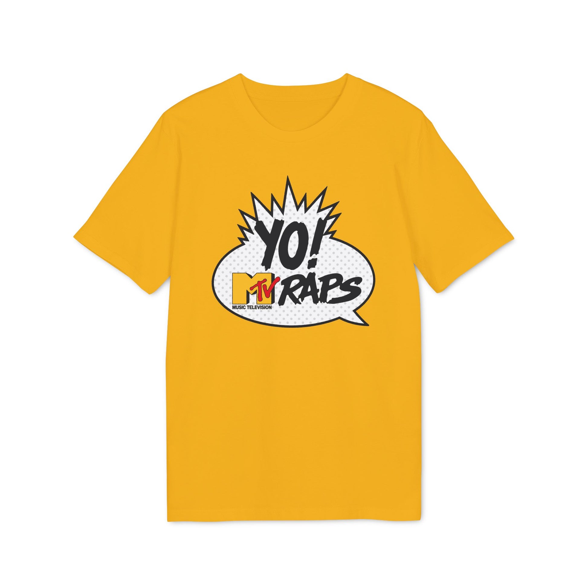 Yellow t-shirt with "Yo! MTV Raps" logo in a comic book style speech bubble.
