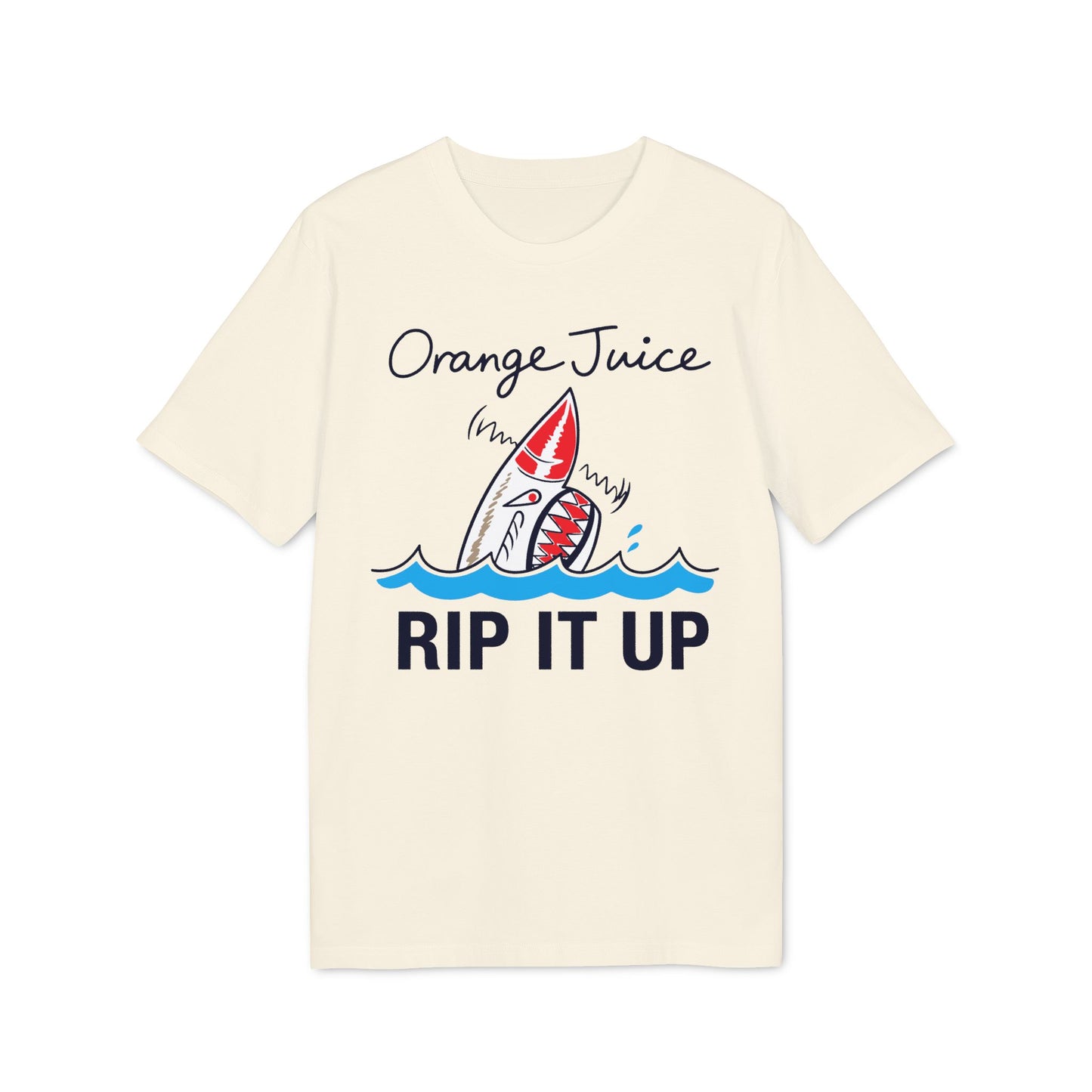 Cream t-shirt with "Orange Juice Rip It Up" text and shark graphic.