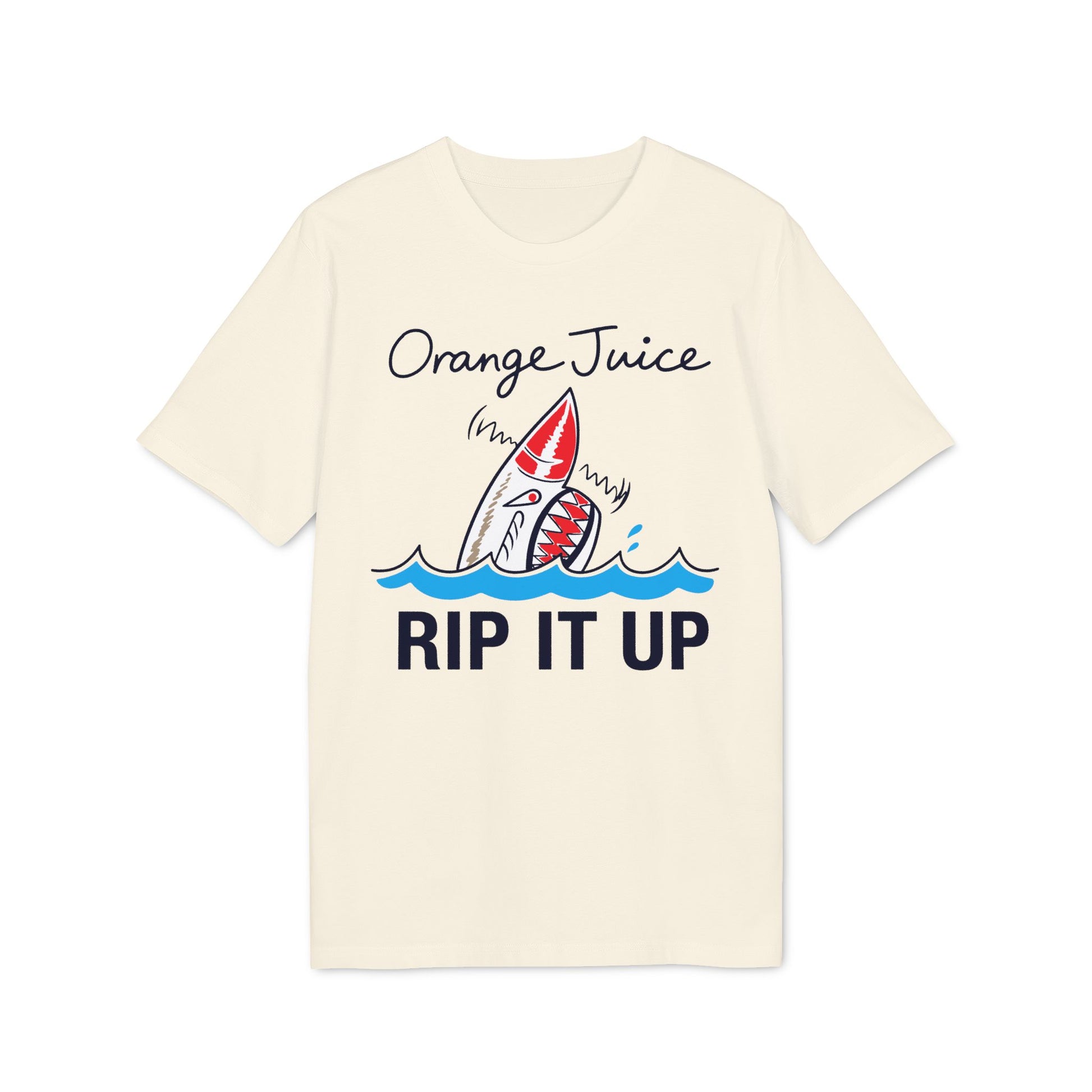 Cream t-shirt with "Orange Juice Rip It Up" text and shark graphic.