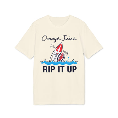 Cream t-shirt with "Orange Juice Rip It Up" text and shark graphic.