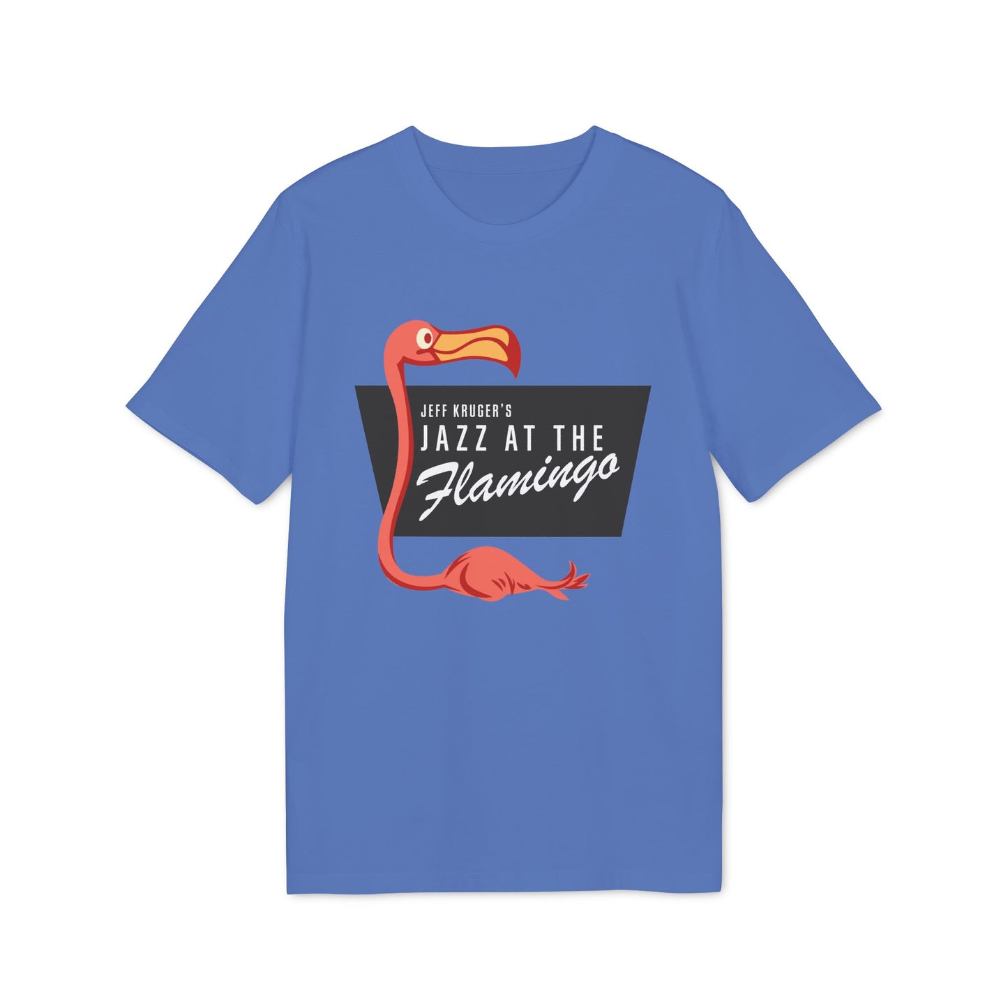 Blue t-shirt with a graphic of a flamingo and text: JEFF KRUGER'S JAZZ AT THE Flamingo.