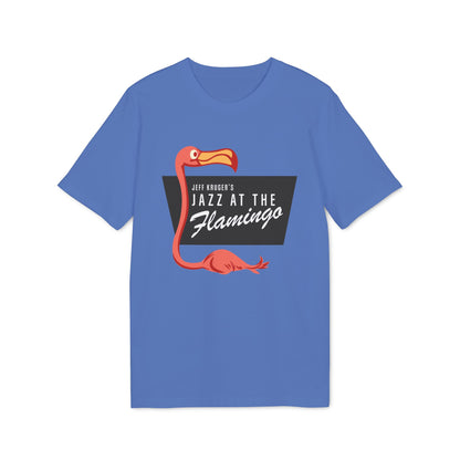 Blue t-shirt with a graphic of a flamingo and text: JEFF KRUGER'S JAZZ AT THE Flamingo.