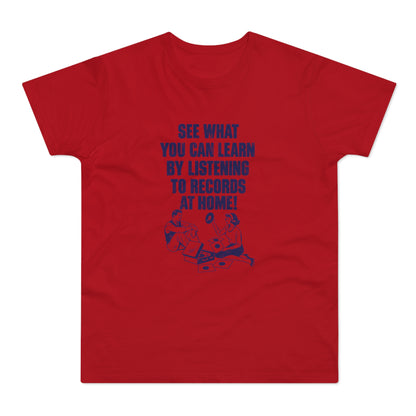 Red t-shirt with blue text and illustration of people listening to records.