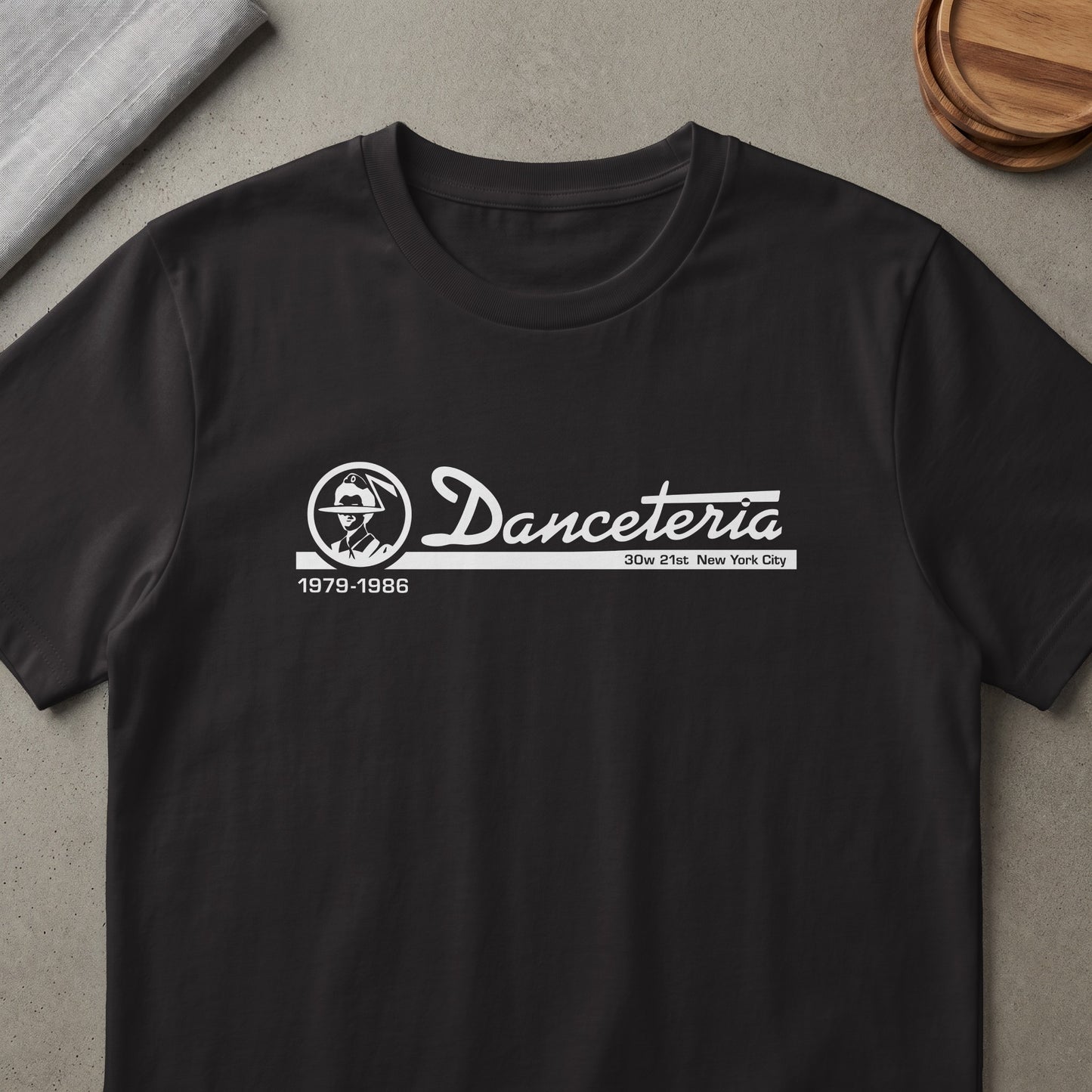 Black t-shirt with white Danceteria logo, 30w 21st New York City, 1979-1986.