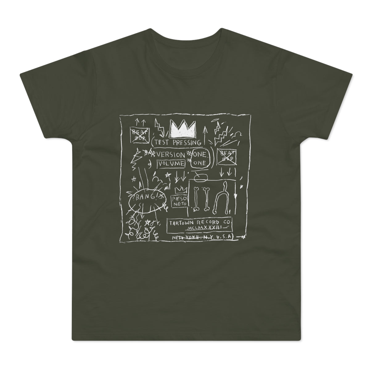 T-shirt with white graphic art including a crown, bones, and text "Test Pressing".