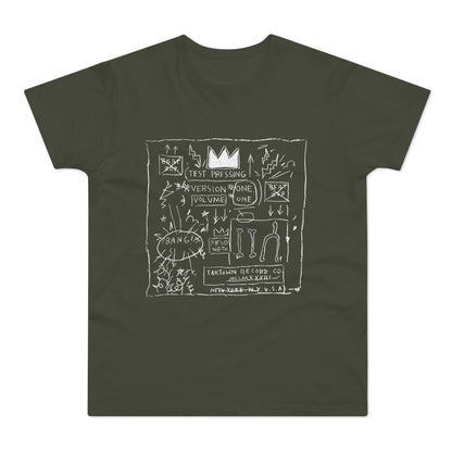 T-shirt with white graphic art including a crown, bones, and text "Test Pressing".