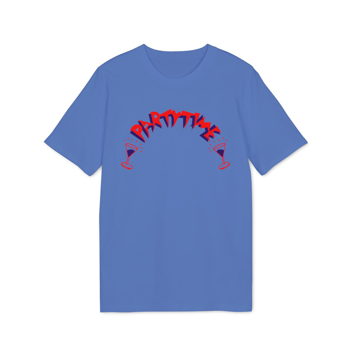 Blue t-shirt with red "Party Time" text and martini glasses graphic.