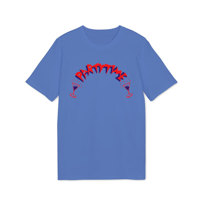 Blue t-shirt with red "Party Time" text and martini glasses graphic.