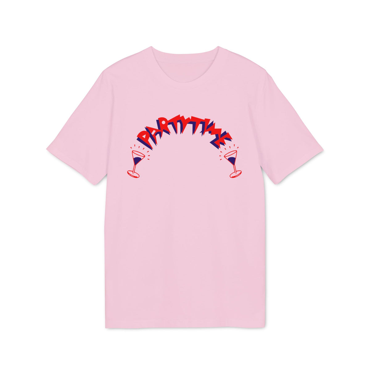 Pink t-shirt with red and blue "Party Time" text and martini glasses.