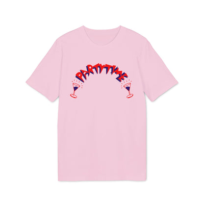 Pink t-shirt with red and blue "Party Time" text and martini glasses.