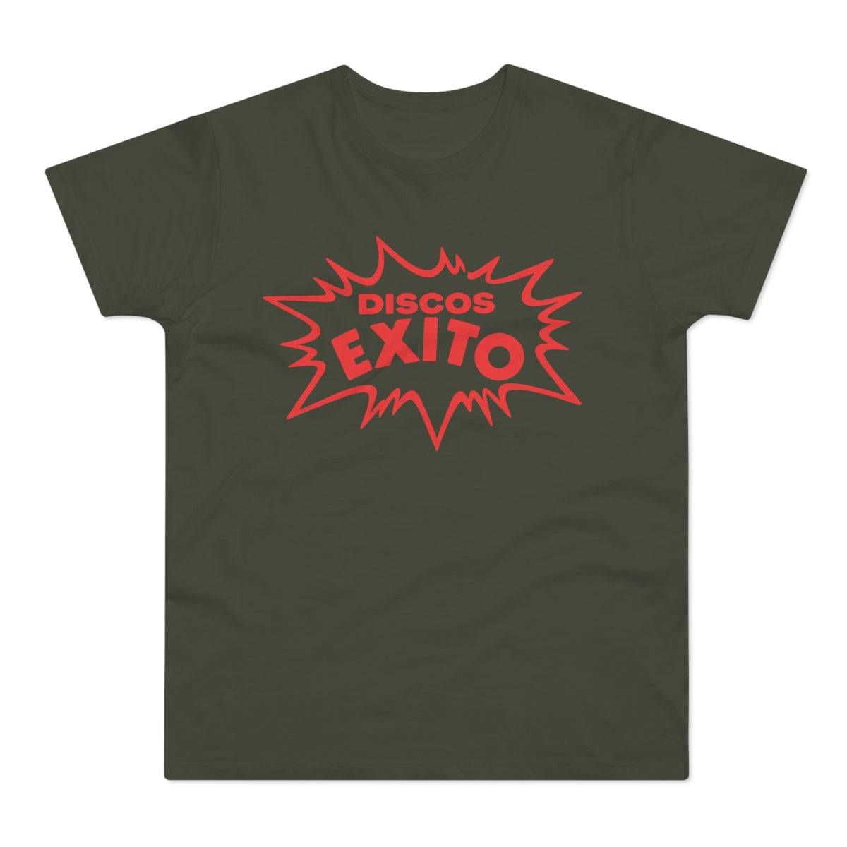 Olive green t-shirt with red "Discos Exito" text inside a starburst graphic.