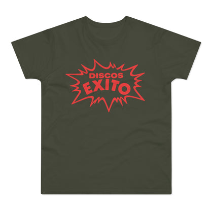 Olive green t-shirt with red "Discos Exito" text inside a starburst graphic.