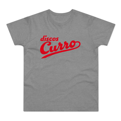 Grey t-shirt with red "discs Curro" script logo.