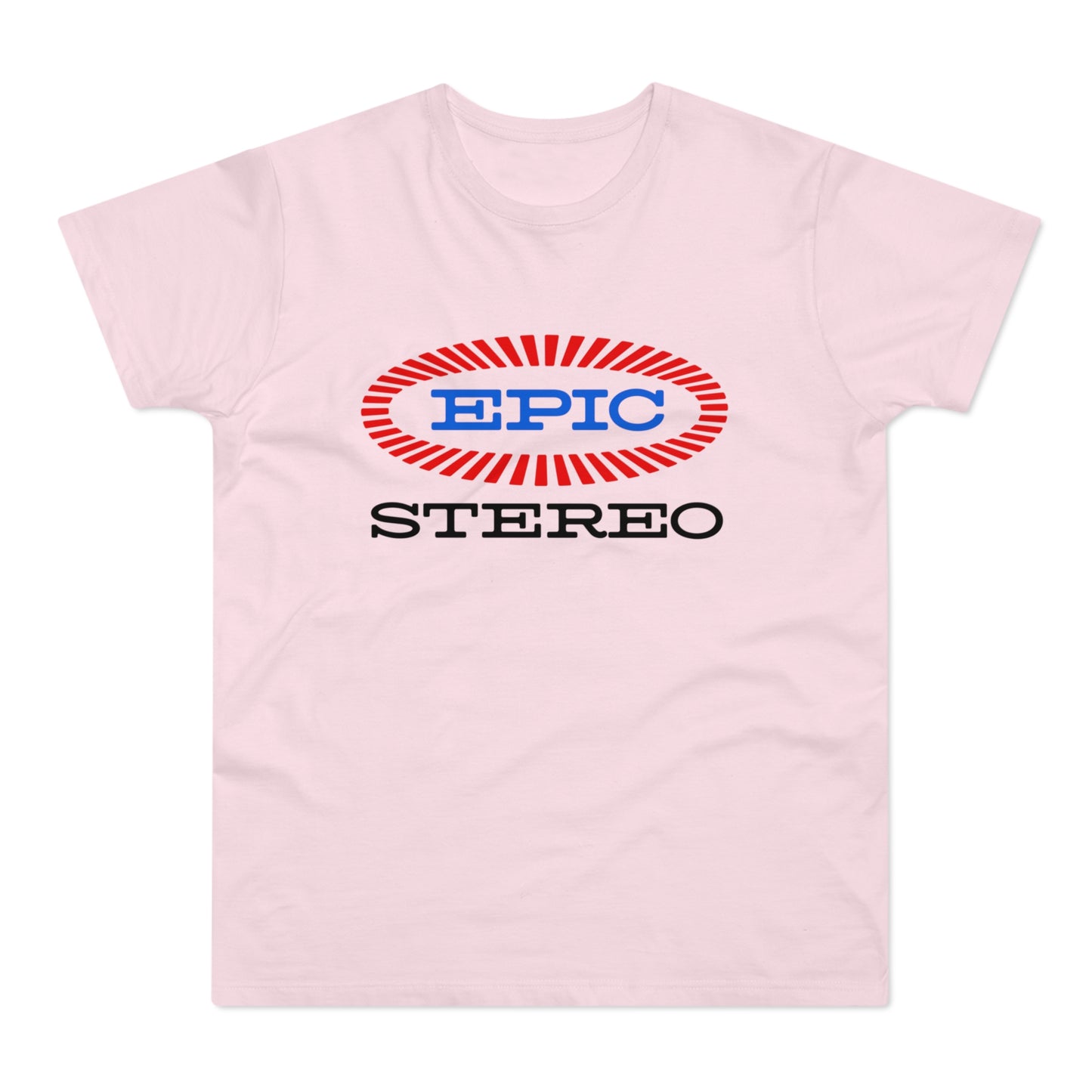Light pink t-shirt with blue "EPIC" logo inside a red oval and the word "STEREO" below.