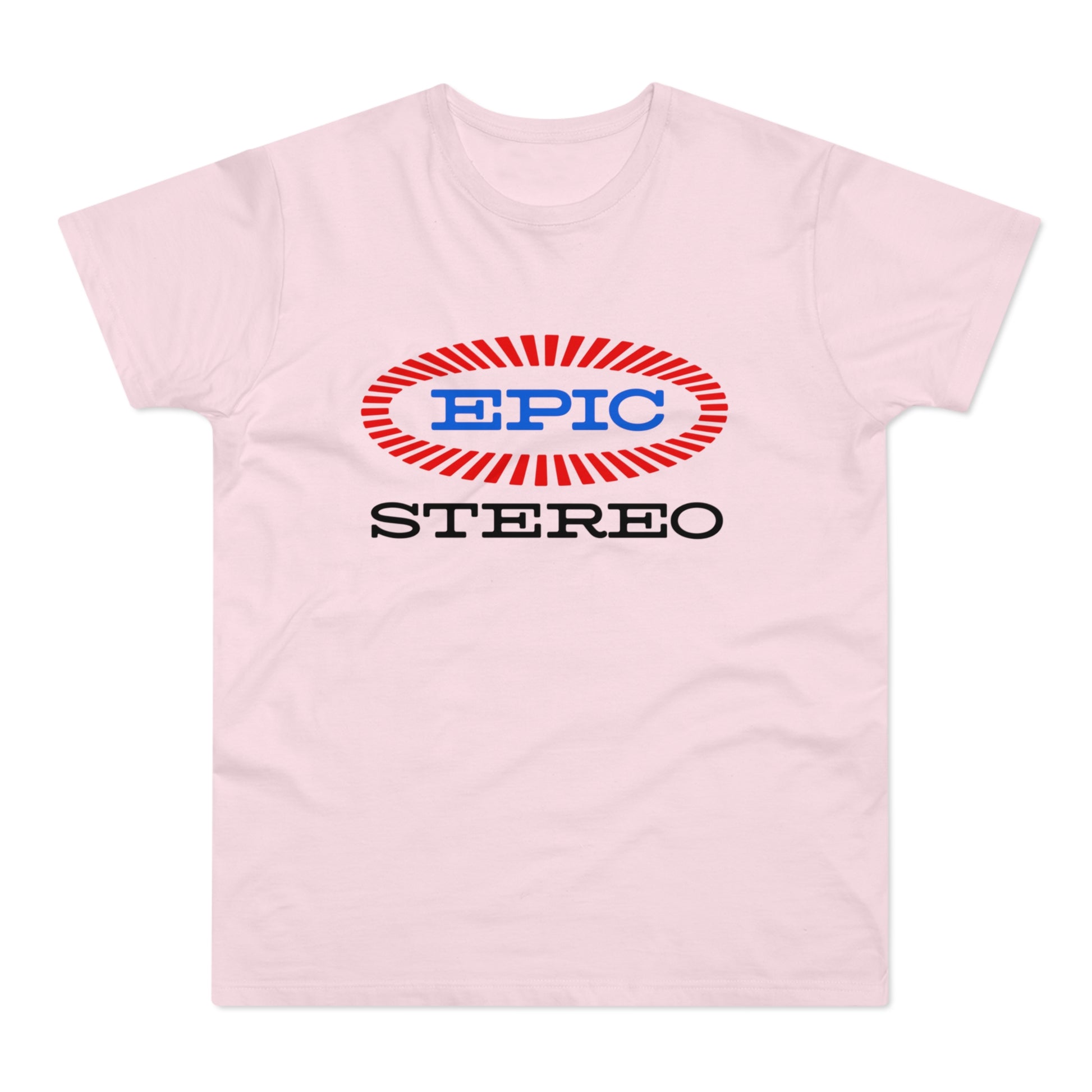 Light pink t-shirt with blue "EPIC" logo inside a red oval and the word "STEREO" below.