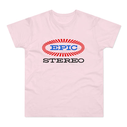 Light pink t-shirt with blue "EPIC" logo inside a red oval and the word "STEREO" below.
