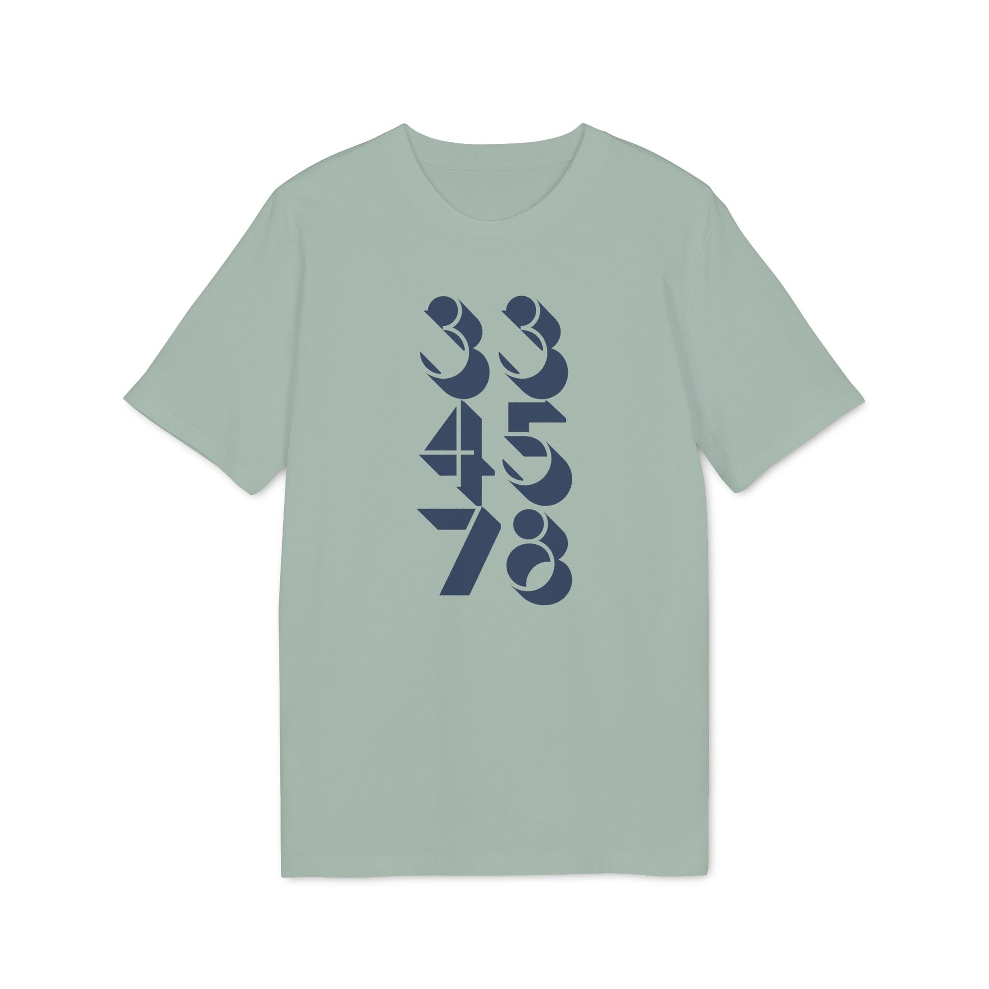 Light green t-shirt with stacked navy blue numbers: 33, 45, 78.