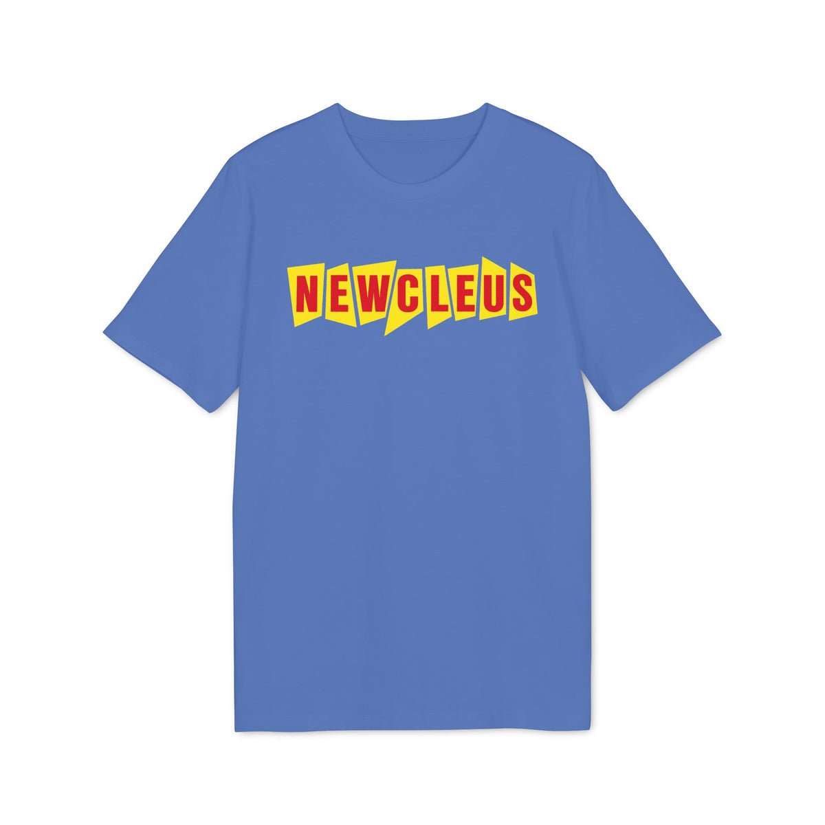 Blue t-shirt with "NEWCLEUS" in a jagged red font on a yellow background.